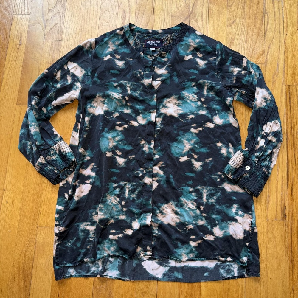 Johnny Was Workshop‎ Silk Tunic Blouse S Tie Dye Boho Embroidered Long Sleeve